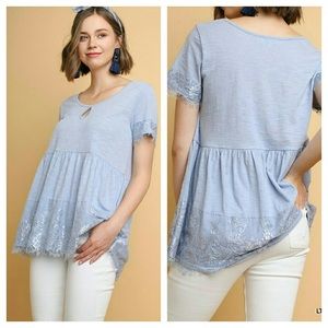 NWOT Bluheaven Blue Short Sleeve Lace Detail Tee